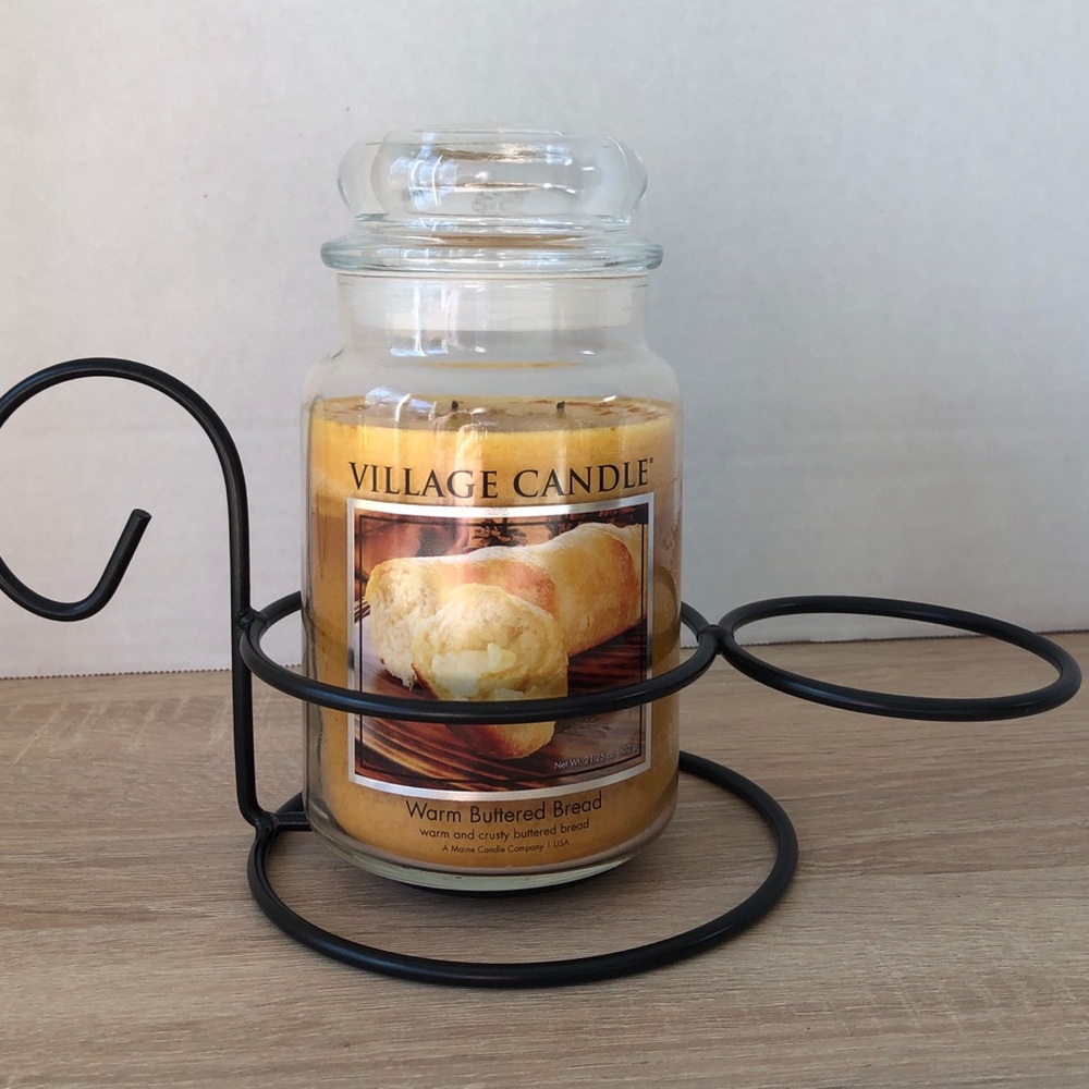 Village Jar Candle Warm Buttered Bread Scent Large & Wrought Iron Stand Lot